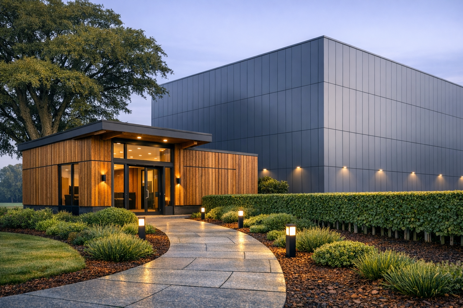 A PACE DC clean-powered data centre facility at dusk, landscaped and screened by planting