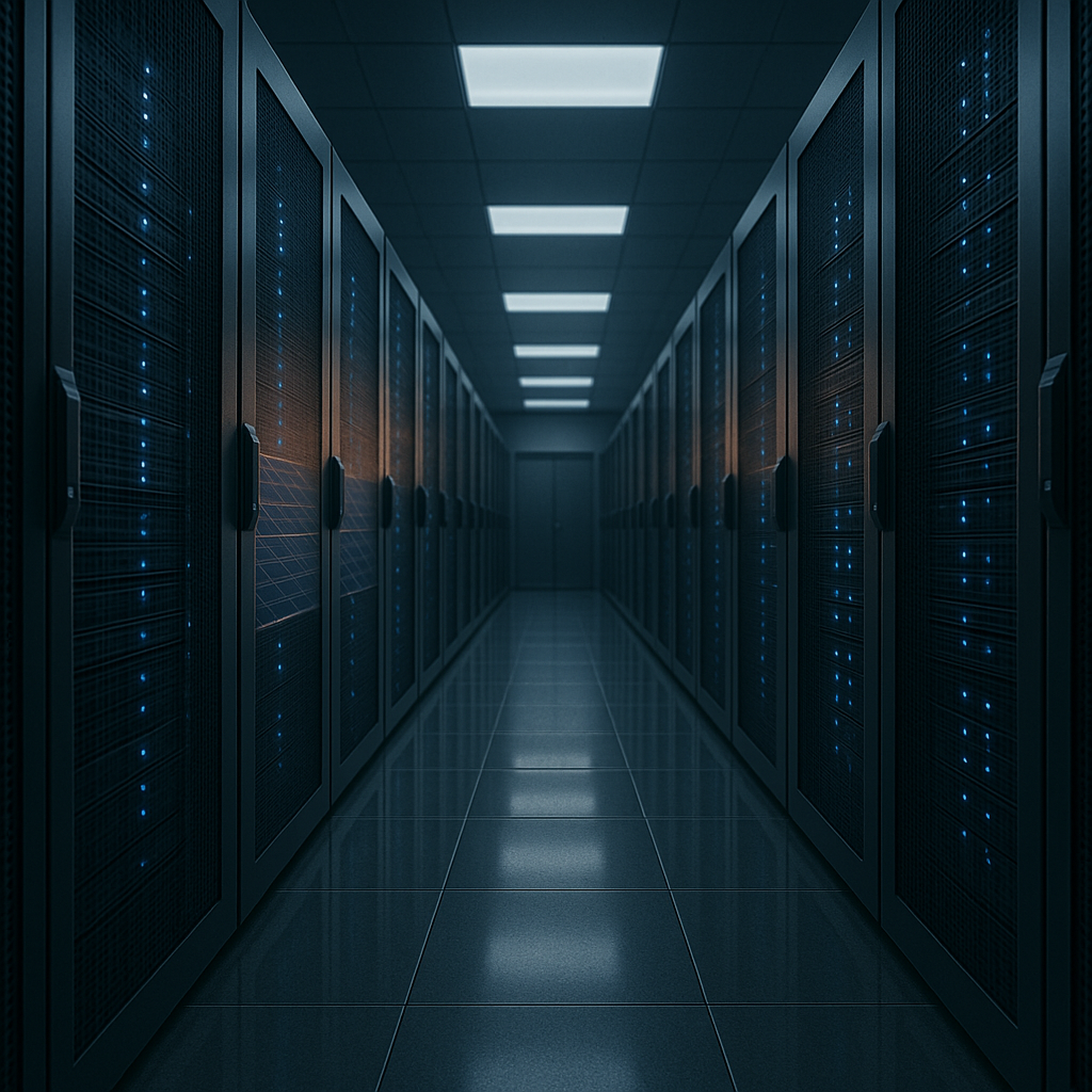 Interior of a data hall lined with server racks